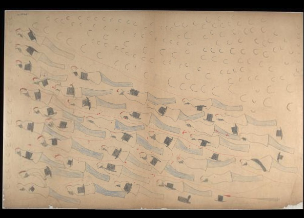 Schwarzumrandetes Zeichnung von Menschen, die gemeinsam in einem Gewässer schwimmen, die Bewegung und Energie vermitteln.