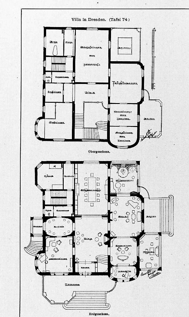 Ein Schwarz-Weiß-Fußbodenplan-Zeichnung eines Hauses mit mehreren Räumen, die mit Details über die Raumanzahl und -größen beschriftet sind, die als die Villa in Dresden, Deutschland, identifiziert werden.