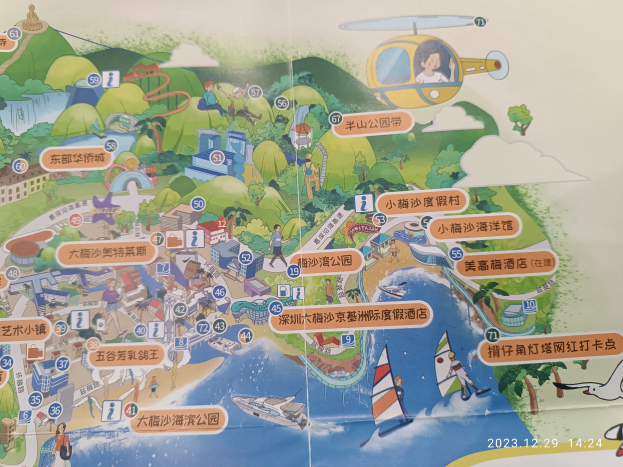 Eine detaillierte Karte eines Parks mit verschiedenen Attraktionen wie Bäumen, Gebäuden, Wasser, Booten, Menschen, einem Hubschrauber und anderen Objekten mit begleitendem Text, der Park-Informationen bereitstellt.