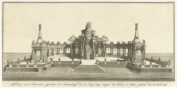 Ein historisches Bild eines Brunnens in einem Gewässer, umgeben von Skulpturen, Treppen und Geländern, mit einer Inschrift am unteren Rand, datiert auf den 13. Juni 1749.
