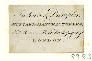Schwarze und weiße Visitenkarte für Jackson & Damper Senfhersteller, gelegen an No. 2, Primrose Street, Bishopgate, London.