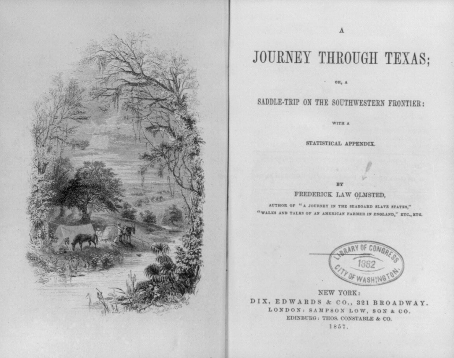 Offenes Buch mit einer Zeichnung einer Reise durch Texas auf der linken Seite, das Bäume, Tiere und Pflanzen zeigt, und Text mit einem Stempel auf der rechten Seite.