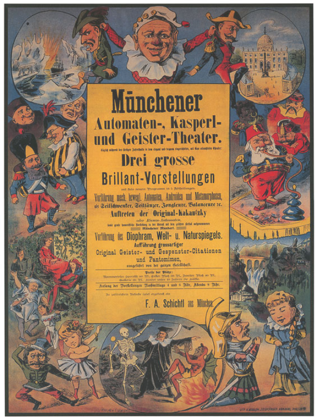 Ein alter deutscher Filmplakat f├╝r das Munchener Automaten-Kasperl- und Geister-Theater, das eine Gruppe von Menschen in bunten Kost├╝men in der Mitte zeigt, umgeben von Text, der eine lebhafte Atmosph├Ąre vermittelt.