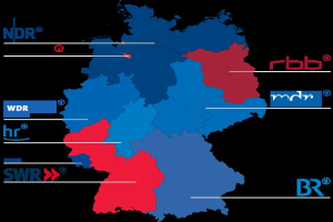 Karte von Deutschland mit in rot und blau hervorgehobenen Bundesländern, um die Ergebnisse der Wahl von 2016 anzuzeigen, einschließlich der Namen der Kandidaten und des Wahldatums.