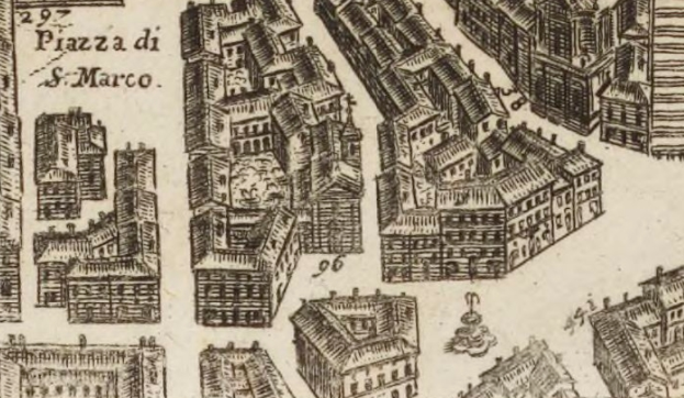 Ein detailliertes Stadtplan mit verschiedenen einzigartig entworfenen Gebäuden, begleitet von handgeschriebenen Notizen.