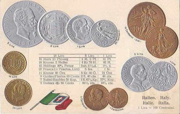 Eine Sammlung italienischer Münzen von 1877-1910, darunter 20 Lire Münzen, in einer Reihe mit Text und Porträts angeordnet, begleitet von zwei Flaggen unten, darunter die italienische Flagge.