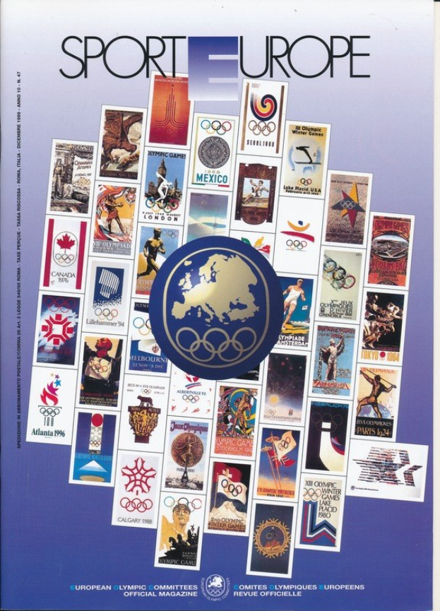Ein Buchumschlag mit dem Titel "Sport in Europa", der farbenfrohe Bilder und Texte zu den Olympischen Spielen in Europa zeigt, mit fetter weißer Schrift auf einem farbenfrohen, kunstvoll gestalteten Hintergrund.