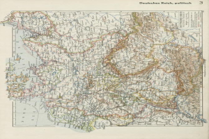 Eine Karte von Deutschland aus dem 19. Jahrhundert, die die politischen Teilungen zeigt, auf Papier gedruckt mit Text oben und unten.