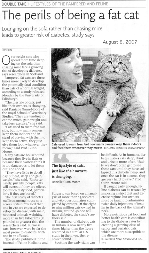 Ein Zeitungsartikel mit einem Foto einer Frau, die eine Katze hält.