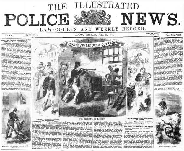 Die Titelseite der Illustrated Police News von 1867, die eine Schwarz-Weiß-Illustration einer Gruppe von Menschen in der Mitte zeigt, mit dem Text "Police News" und einem Logo oben.