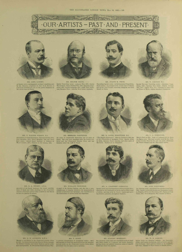 Ein Collage aus verschiedenen Männergesichtern aus einem alten Buch namens "Unsere Künstler - Vergangenheit und Gegenwart."