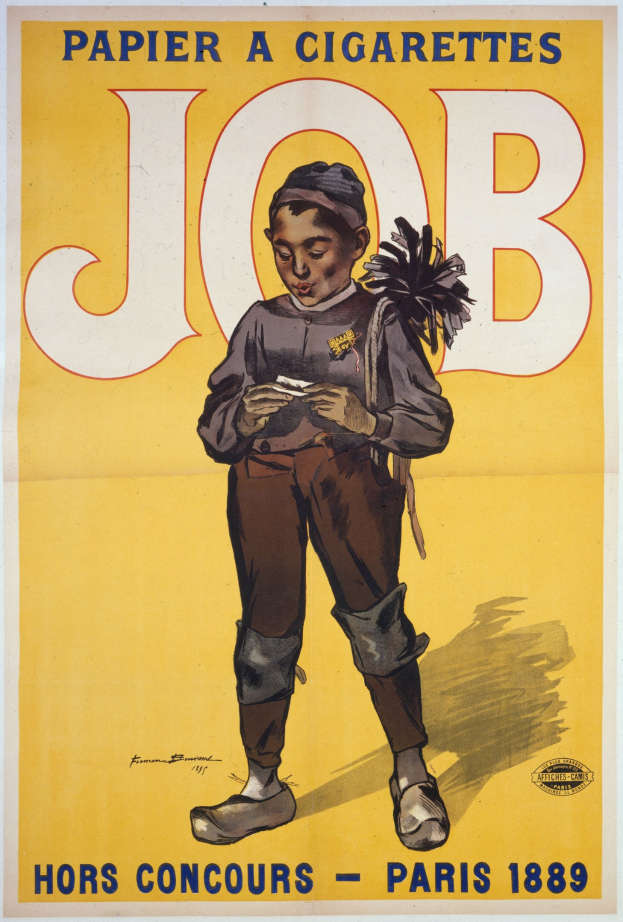 Ein Plakat mit einem jungen Jungen, der eine Zigarette hält und einen entschlossenen Gesichtsausdruck hat, wahrscheinlich für eine Stellenanzeige.