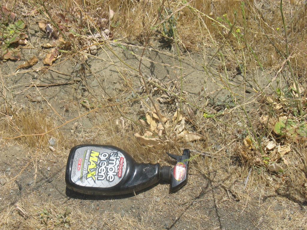 Eine Flasche liegt auf dem Boden zwischen Pflanzen, trockenem Gras und Erde, mit lesbarem Text auf der Flasche.