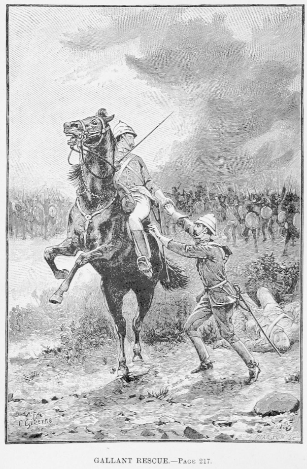 Eine Schwarz-Weiß-Zeichnung eines Mannes, der auf einem Pferd reitet, mit einer anderen Person, die einen Stock in der Hand hält, umgeben von Menschen, Pflanzen und einem Himmel, mit dem Text "Gallant Rescue, Seite 217" unten.