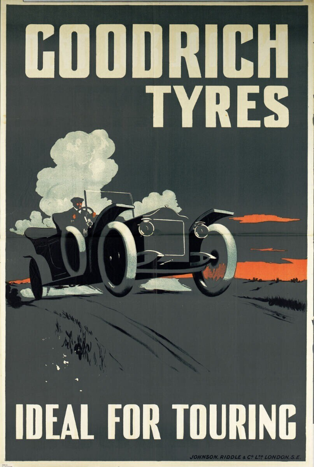 Plakat für Goodrich Reifen, das ein Auto mit einer Person im Innern und Text mit Unternehmens- und Dienstleistungsinformationen zeigt.