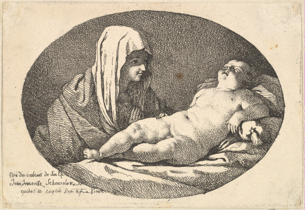 Schwarz-weiß-Zeichnung einer Frau, die ein Baby in den Armen hält, betitelt mit 'Mutter und Kind'.