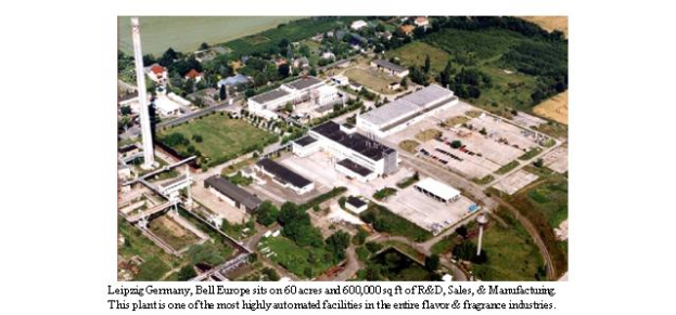 Luftaufnahme eines Industriegebiets in Leipzig, Deutschland, mit Gebäuden, Bäumen, Straßen und dem Text "Leipzig Germany - Bell Europe" unten.