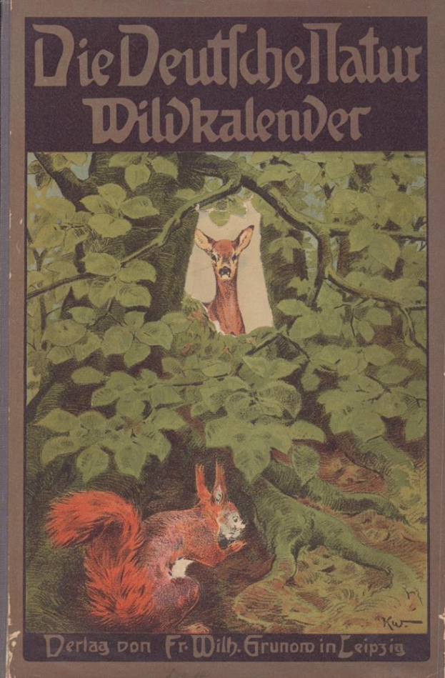 Buchumschlag mit einer Illustration eines Rehs und eines Eichhörnchens in einem Waldgebiet, wobei der Titel "Die Deutschen Natur Wildkalender" lesbar ist.