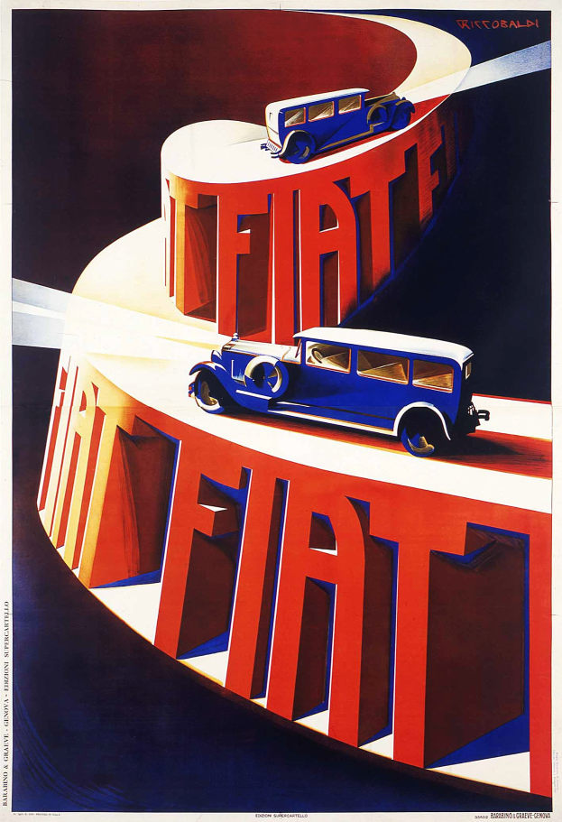 Blaue und rote Fiat-Autos mit "Fiat"-Text auf einem Werbeplakat.