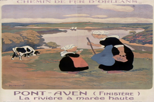 Ein Plakat wirbt für einen Bauernhof in Frankreich, das zwei Frauen und eine Kuh zeigt, mit Text, der die Szene beschreibt.