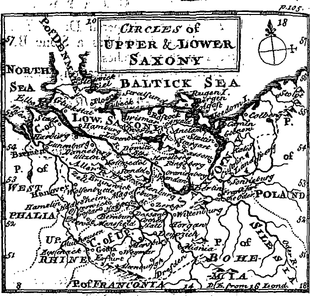 Eine detaillierte Schwarz-Weiß-Karte von Ober- und Niedersachsen, die geografische Merkmale wie Flüsse, Berge und Städte zeigt, mit informativem Text darübergelegt.
