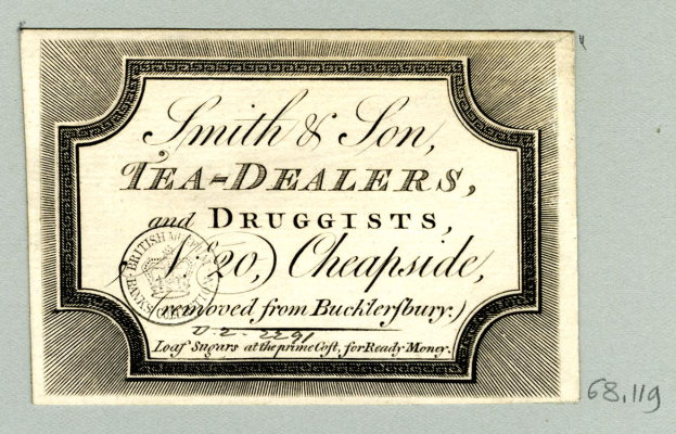 Ein Blatt Papier mit der Aufschrift "Smith & Son Tea Dealers, and Drugists, 20 Cheapside".