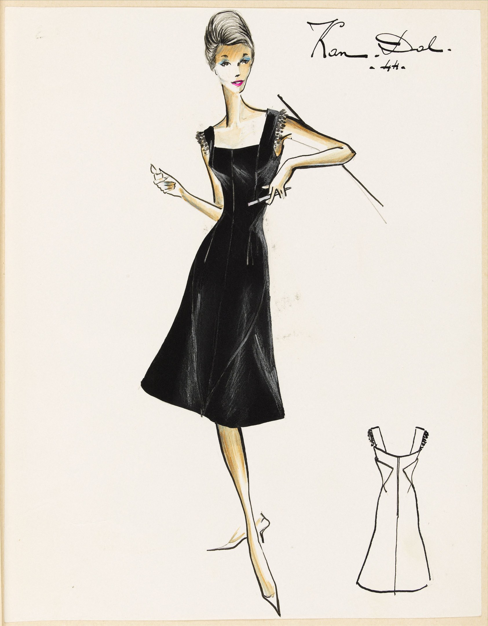 Eine Schwarz-Weiß-Skizze einer Frau in einem eng anliegenden Oberteil und einem knielangen Rock, die schwarze High Heels trägt und eine glatte Hochsteckfrisur hat, mit einem zarten Gesicht und abgewandtem Blick.