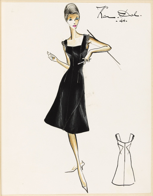 Eine Schwarz-Weiß-Skizze einer Frau in einem eng anliegenden Oberteil und einem knielangen Rock, die schwarze High Heels trägt und eine glatte Hochsteckfrisur hat, mit einem zarten Gesicht und abgewandtem Blick.