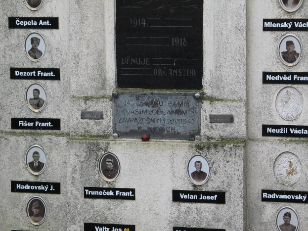 Eine Gedenktafel an einer Wand mit Bildern von Individuen und Text, die die Opfer des Zweiten Weltkriegs ehrt.