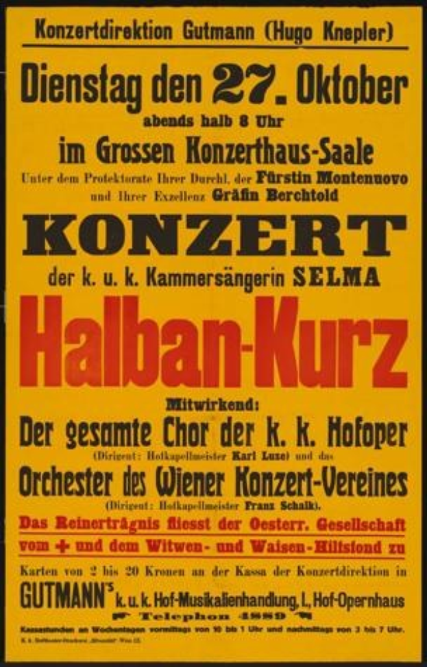 Gelbes Plakat in Berlin, Deutschland, das ein Konzert mit dem Text 'Konzert Halban-Kurz' ankündigt.