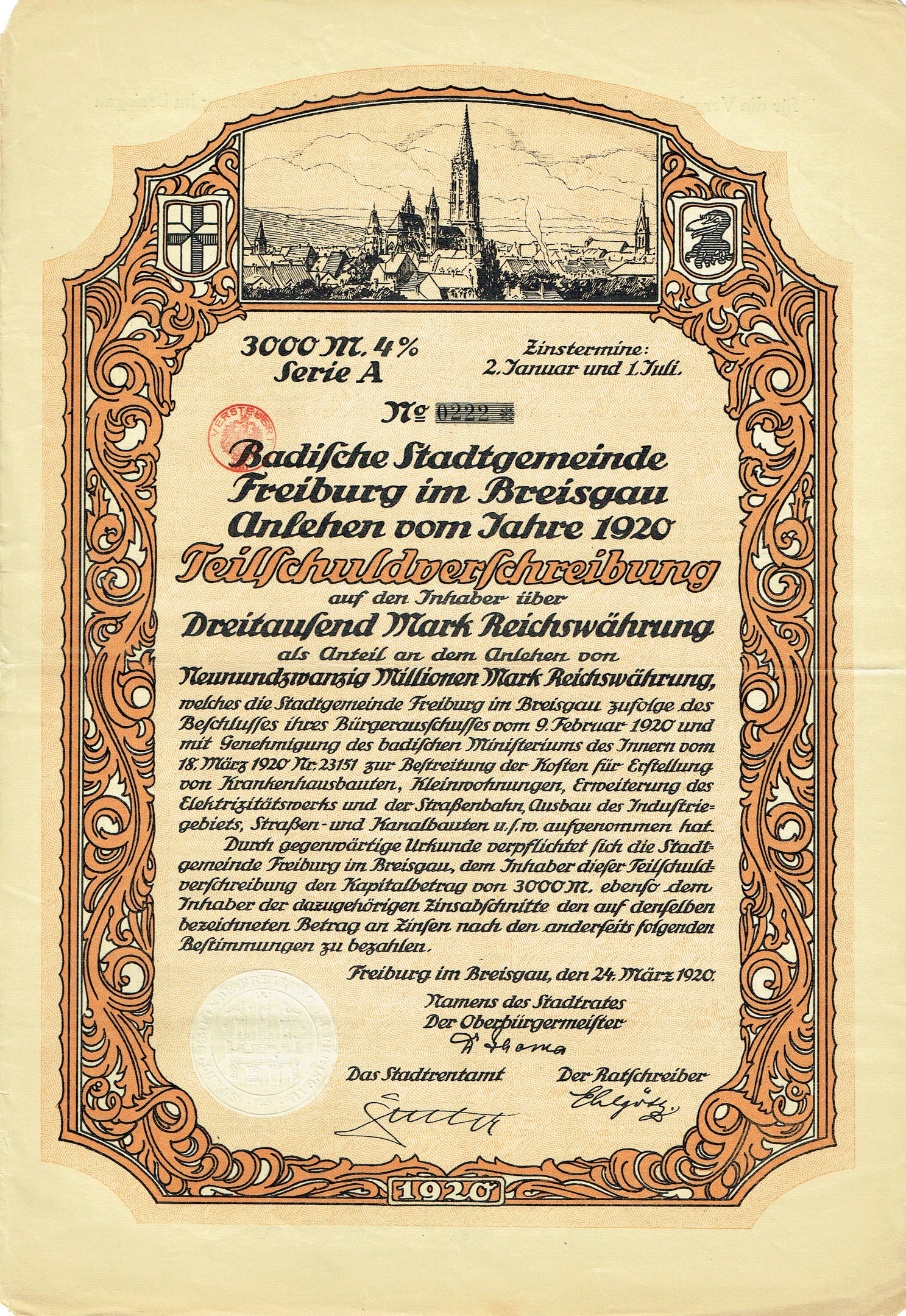 Altes deutsches Aktienzertifikat mit einer Stadtansicht-Illustration und gedrucktem Text, der wahrscheinlich den Ursprung der Aktie beschreibt.