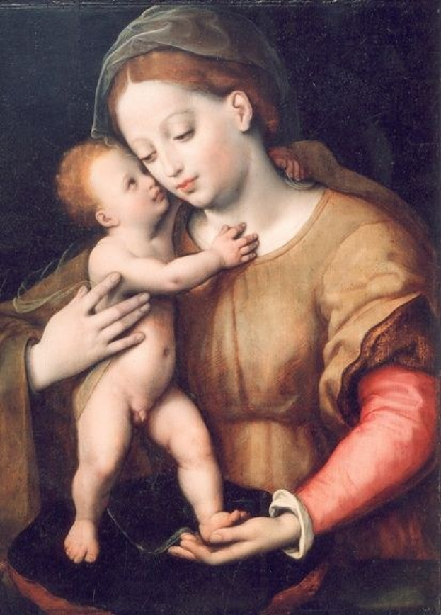Gemälde mit dem Titel 'Madonna und Kind' von Giovanni Bellini zeigt eine Frau in einem weißen Gewand, die ein Baby hält, beide mit sanften Gesichtern vor einem dunklen Hintergrund.