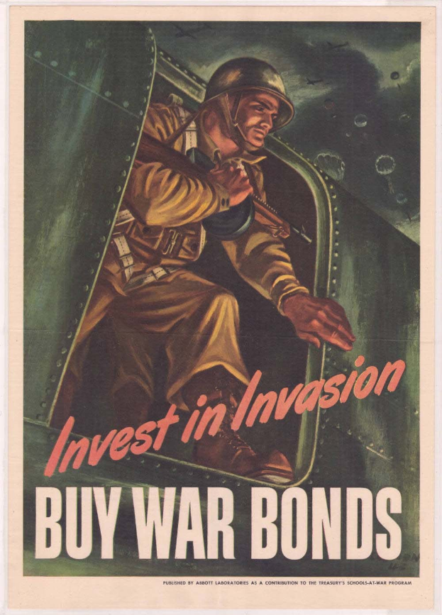 Plakat mit einem Soldaten in Helm und militärischer Uniform, der eine Waffe hält, und der Text "Investiere in die Invasion, kaufe Kriegsanleihen" darüber, der eine entschlossene Miene zeigt.
