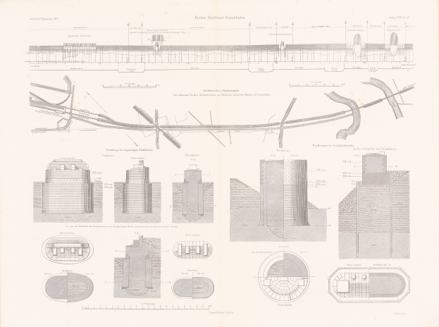 Ein detailliertes architektonisches Zeichnung des Berliner Stettliner Eisenhahn-Gebäudes, das Diagramme, Text und zahlreiche kleinere Illustrationen zeigt, die seinen Aufbau darstellen.