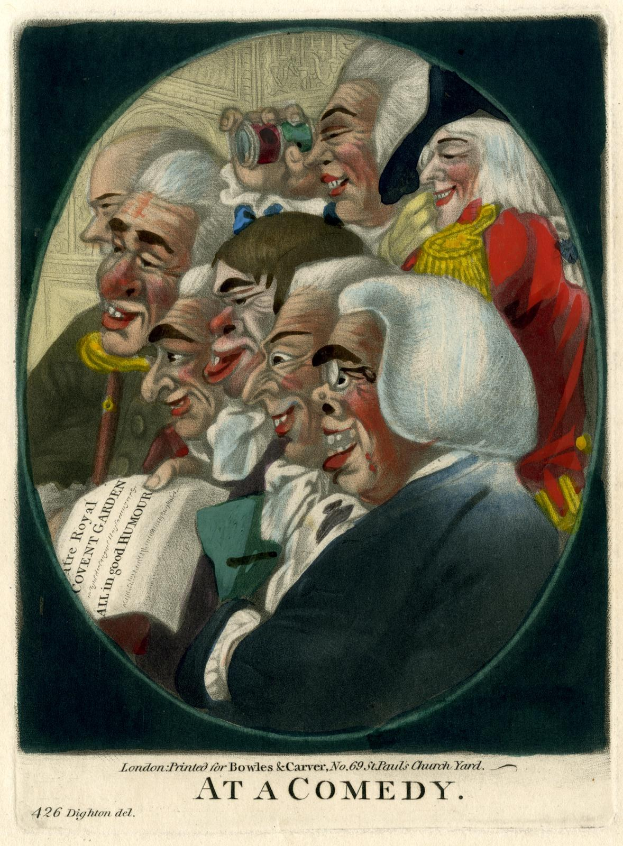 Eine Gruppe von Menschen, die in einem Kreis stehen und lachen, wobei eine Person ein Blatt Papier hält und der Text "Bei einer Komödie" unten steht.