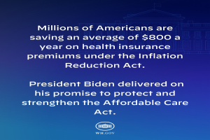 Blauer Hintergrund mit weißer Schrift, die besagt: "Millionen von Amerikanern sparen durchschnittlich 800 USD im Jahr auf ihre Krankenversicherungsprämien thanks to the Inflation Reduction Act" in der Mitte, mit einem Logo darunter.