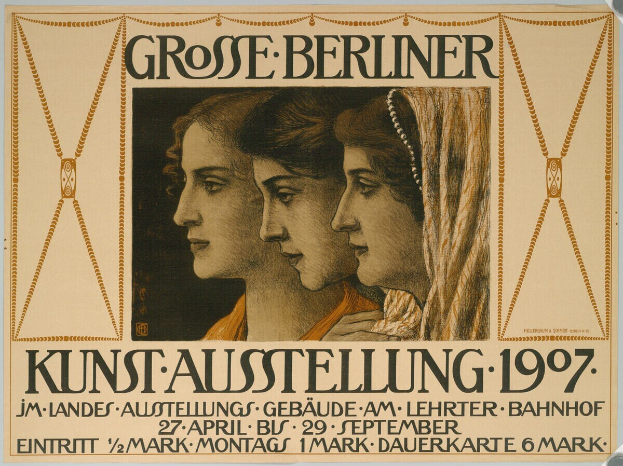 Ein Vintage-Plakat für die Kunst-Ausstellung im Jahr 1897, das drei Frauen mit menschlichen Gesichtern und Text zeigt.
