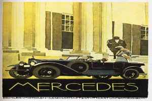 Vintage-Plakat aus den 1920er-Jahren von Mercedes-Benz mit einem klassischen Auto mit zwei Insassen vor einem modernen Glasgeb├Ąude, mit 'Mercedes-Benz'-Text unten.