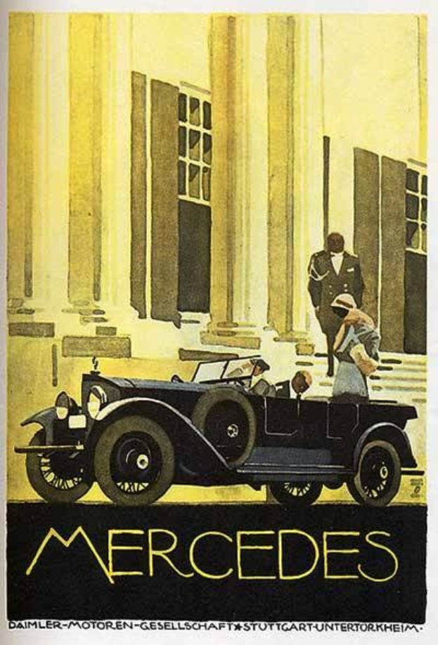 Vintage-Plakat aus den 1920er-Jahren von Mercedes-Benz mit einem klassischen Auto mit zwei Insassen vor einem modernen Glasgeb├Ąude, mit 'Mercedes-Benz'-Text unten.