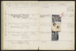 Offenes Buch zeigt ein Schwarz-Weiß-Familienfoto zwischen Textseiten und anderen Bildern.