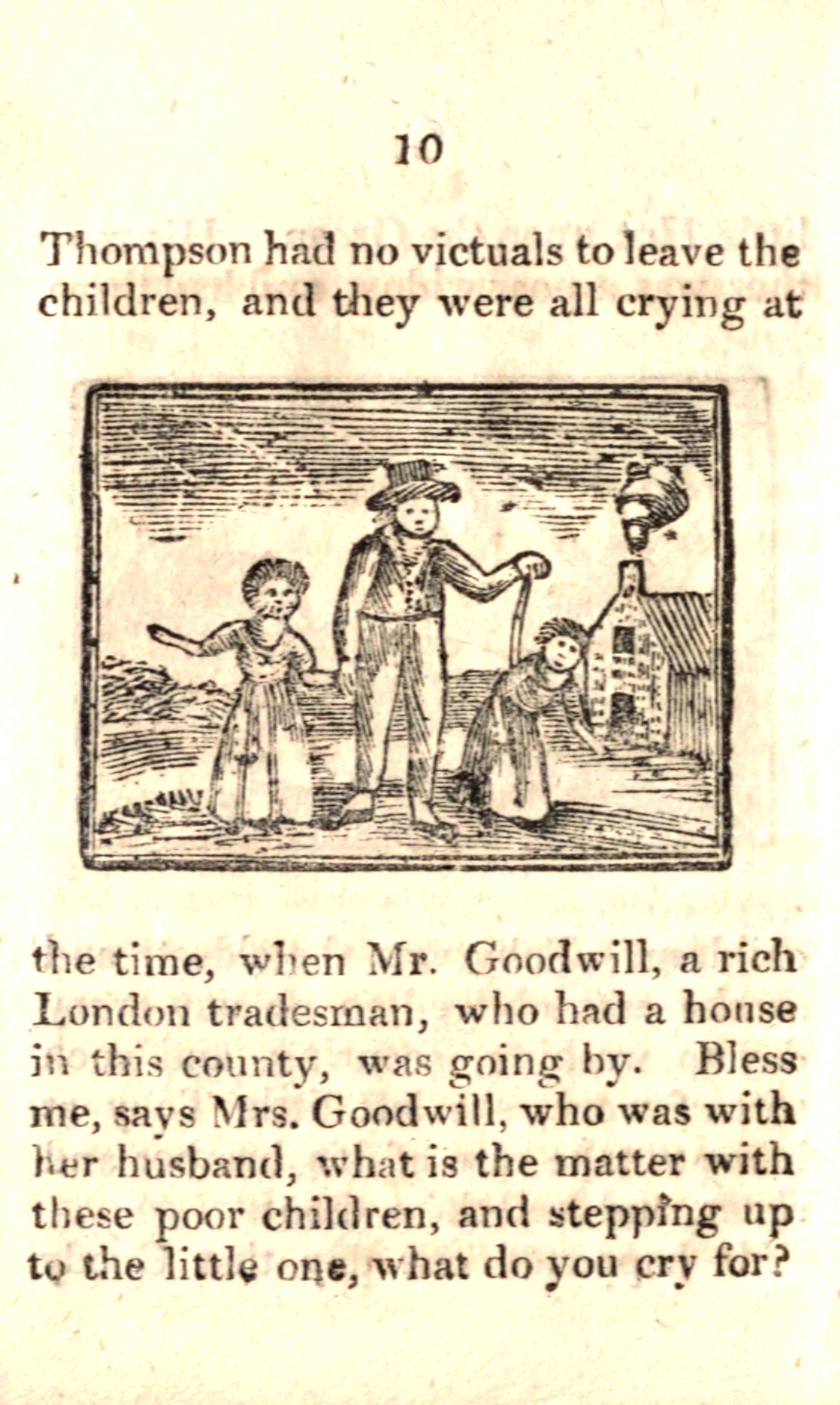 Eine handgezeichnete Abbildung auf Papier zeigt einen Mann, der zwischen zwei Kindern steht, wobei eines weint und das andere besorgt zu ihm hochschaut, begleitet von dem Text "Thompson hatte keine Opfer, die er den Kindern hinterlassen konnte, und sie weinten alle zu der Zeit."