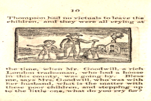 Eine handgezeichnete Abbildung auf Papier zeigt einen Mann, der zwischen zwei Kindern steht, wobei eines weint und das andere besorgt zu ihm hochschaut, begleitet von dem Text "Thompson hatte keine Opfer, die er den Kindern hinterlassen konnte, und sie weinten alle zu der Zeit."