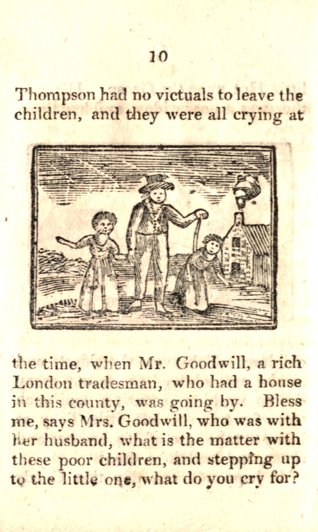 Eine handgezeichnete Abbildung auf Papier zeigt einen Mann, der zwischen zwei Kindern steht, wobei eines weint und das andere besorgt zu ihm hochschaut, begleitet von dem Text "Thompson hatte keine Opfer, die er den Kindern hinterlassen konnte, und sie weinten alle zu der Zeit."