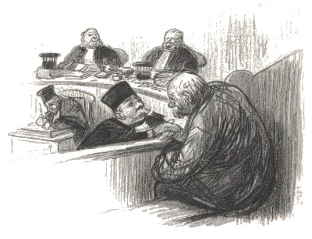 Eine Schwarz-Weiß-Zeichnung einer Gruppe von Menschen, wahrscheinlich Anwälte, die um einen Tisch in einem Gerichtssaal sitzen, mit verschiedenen Gegenständen darauf und Text unten.