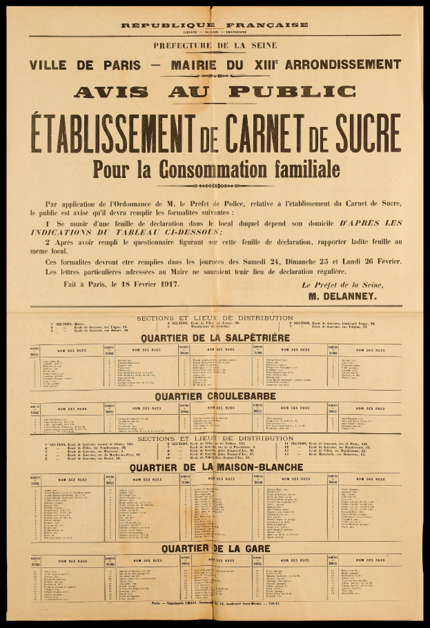 Eine alte Zeitungsanzeige zur Gründung des Carnet de Sucre für die Consommation Familiale, die Text enthält, der Informationen über die Gründung enthält.