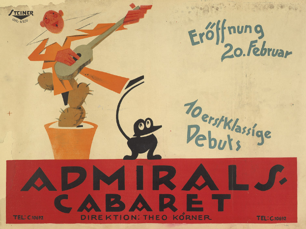 Ein Vintage-Plakat für das Admiral's Cabaret in Berlin, Deutschland, das einen Cartoon-Mann in einem weißen Hemd und einem schwarzen Hut zeigt, der eine Gitarre spielt, mit der schwarzen, fetten Schrift 'Admirals Cabaret' auf einem hellgelben Hintergrund.