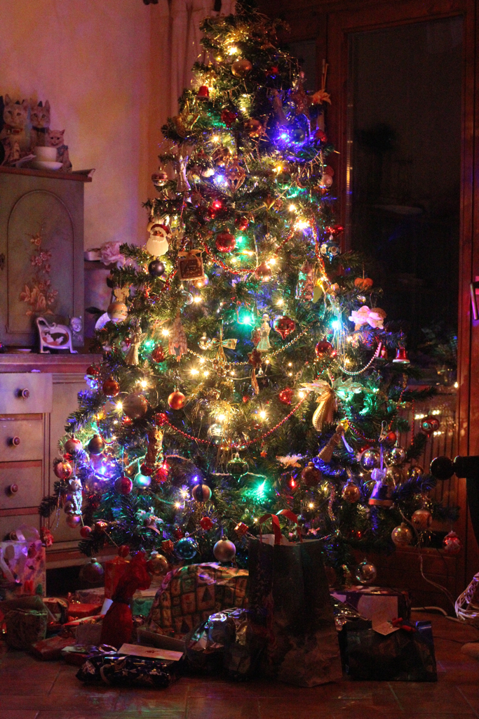 Ein Weihnachtsbaum mit Lichtern und Dekorationen, Geschenke auf dem Boden, ein Schrank mit Gegenständen links und ein Fenster auf der rechten Wand.