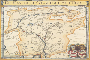 Ein Plakat einer historischen Karte der ersten Grafschaft Tirol, das geografische Merkmale wie Flüsse, Berge und Städte zeigt, begleitet von beschreibendem Text.