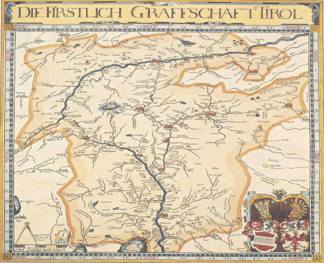 Ein Plakat einer historischen Karte der ersten Grafschaft Tirol, das geografische Merkmale wie Flüsse, Berge und Städte zeigt, begleitet von beschreibendem Text.