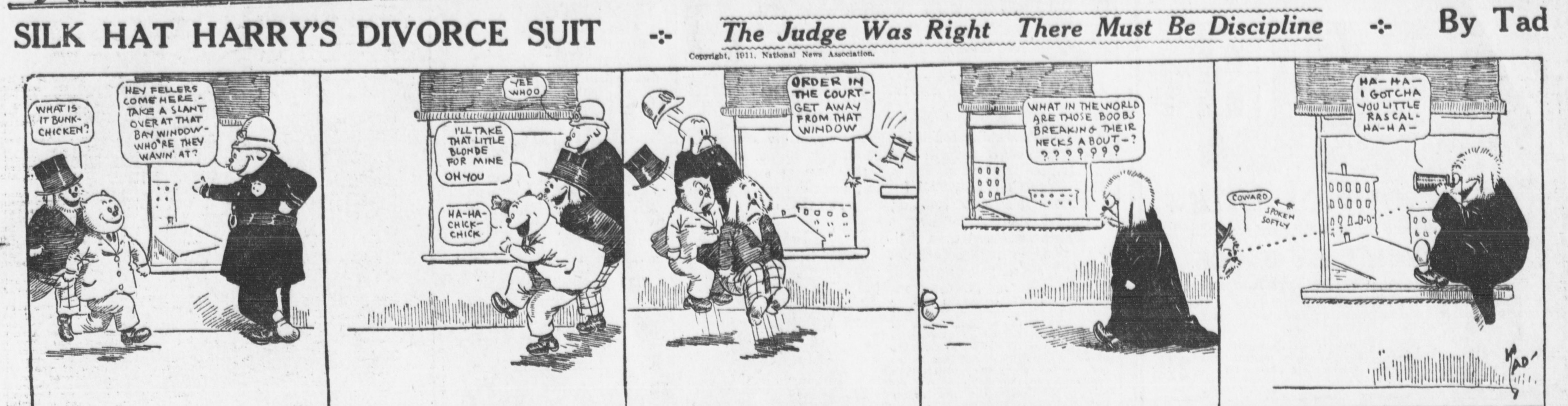 Cartoon-Illustration eines Mannes in einem schwarzen Anzug mit weißem Hemd und schwarzer Krawatte und einer Frau in einem eleganten Kleid mit einem schwarzen Schal, beide mit ernsten Gesichtern, beschriftet mit "Scheidungsklage."